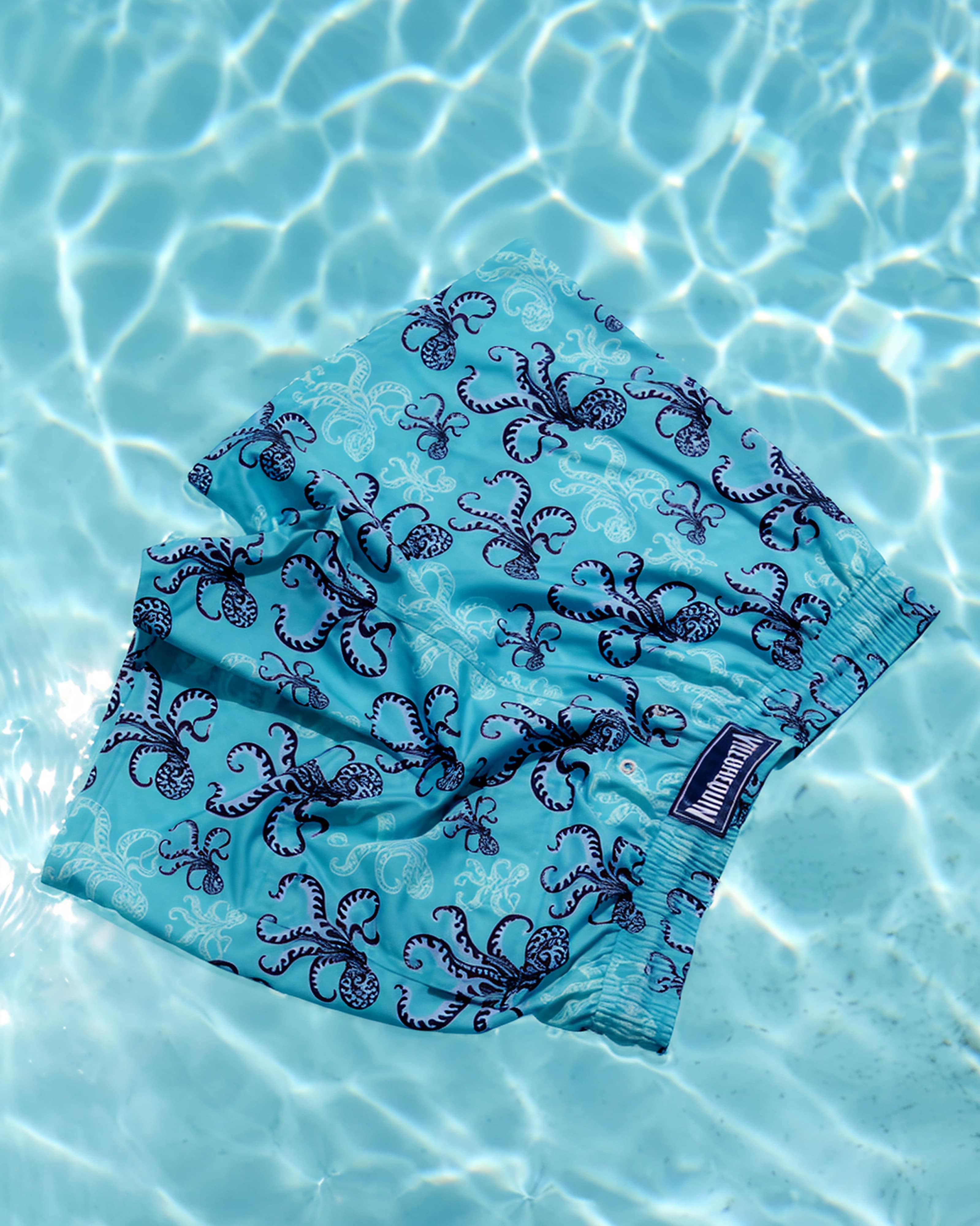 a blue swimsuit
